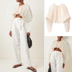 GIA Studios Plissé Taffeta Cropped Cape Top in Ivory Size Medium